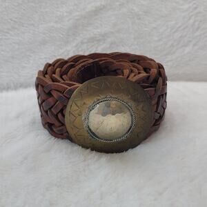 VTG Moroccan Braided Leather Belt Brass Medallion Boho 41" Western Festival Boho